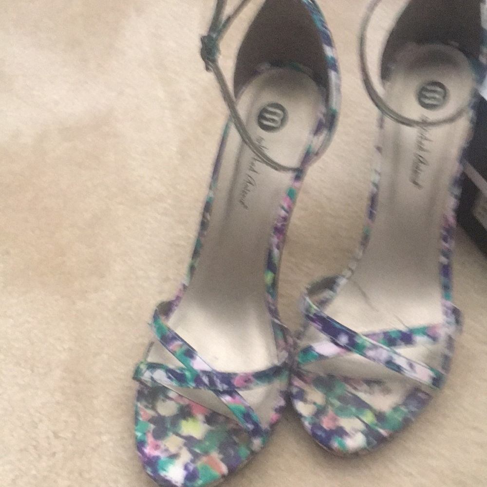 Multi floral print 4 inch sandals.